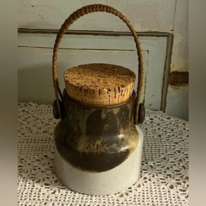 Vintage Pottery Jar with Cork Lid and Wicker Handle